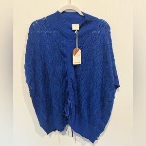 Kerisma Women’s Blue Crochet Open Knit Sweater with Front Ruching Detail. NWT